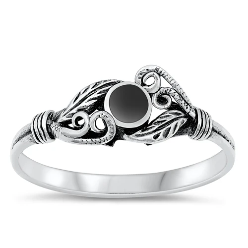 Sterling Silver Black Agate Centered Leaf Ring