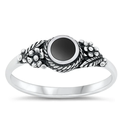Sterling Silver Round And Flower Black Agate Stone Ring