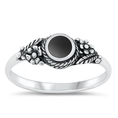 Sterling Silver Round And Flower Black Agate Stone Ring