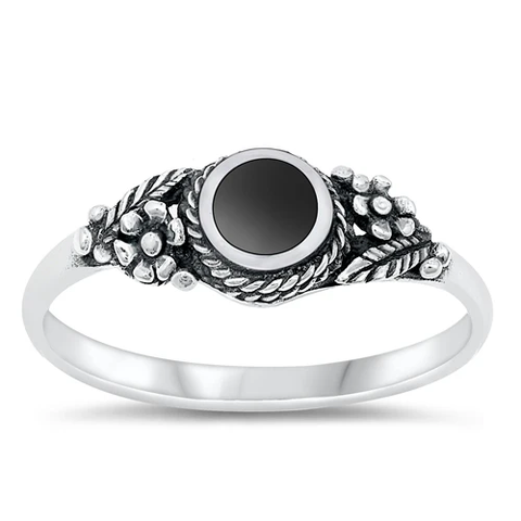 Sterling Silver Round And Flower Black Agate Stone Ring