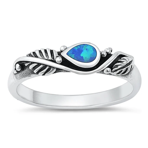 Sterling Silver Rhodium Plated Blue Lab Opal Pear And Leaf Ring