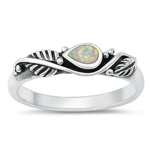 Load image into Gallery viewer, Sterling Silver Rhodium Plated White Lab Opal Pear And Leaf Ring