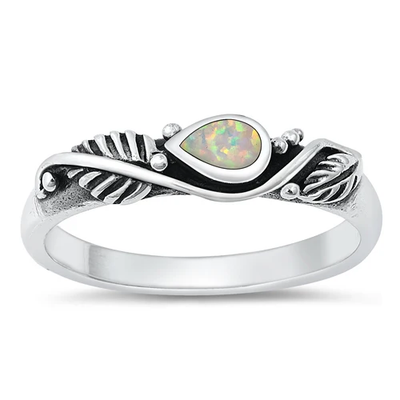Sterling Silver Rhodium Plated White Lab Opal Pear And Leaf Ring
