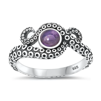 Sterling Silver Oxidized Tentacles Amethyst Stone Ring