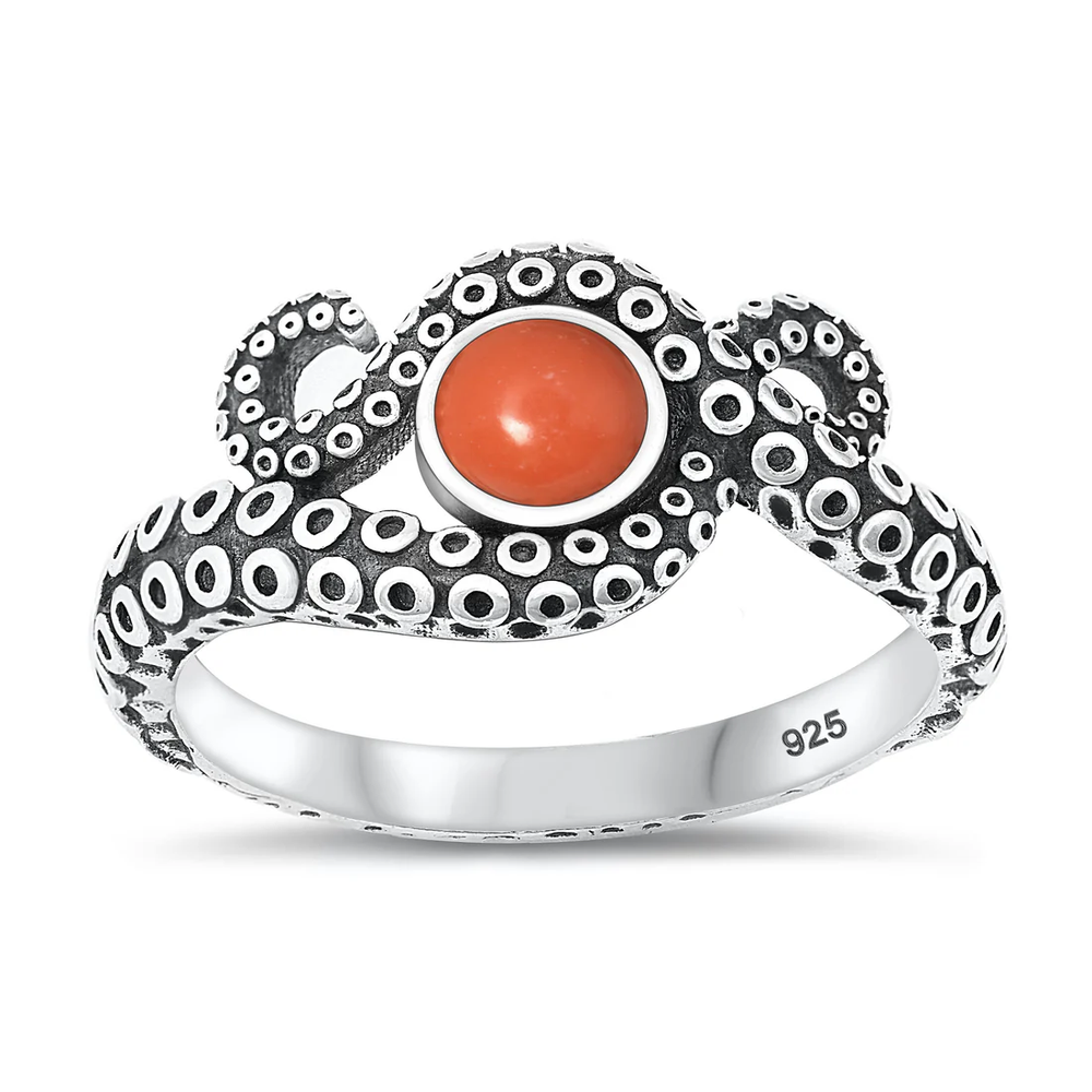 Sterling Silver Oxidized Tentacles Red Coral Stone Ring