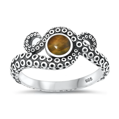 Sterling Silver Oxidized Tentacles Tiger Eye Stone Ring