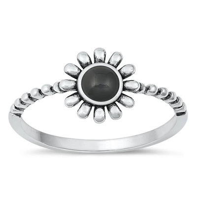 Sterling Silver Oxidized Flower Black Onyx Stone Ring