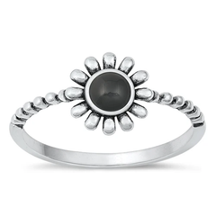 Sterling Silver Oxidized Flower Black Onyx Stone Ring