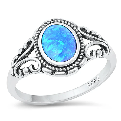 Sterling Silver Oval Blue Lab Opal Ring