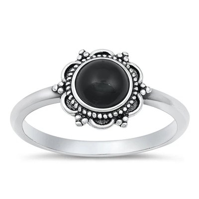 Sterling Silver Round Flower Black Agate Stone Ring