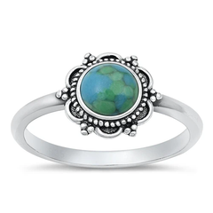 Sterling Silver Round Flower Genuine Turquoise Stone Ring