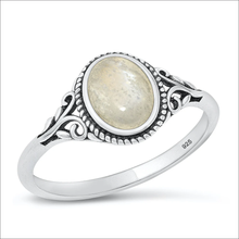 Load image into Gallery viewer, Sterling Silver Oxidized And Polished Moonstone Scroll Stone Ring