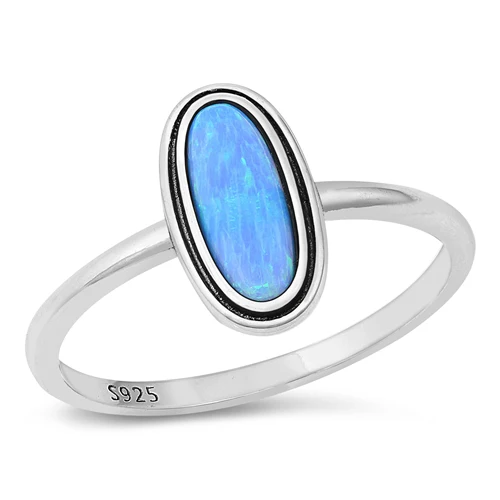 Sterling Silver Oxidized Long Oval Blue Lab Opal Ring