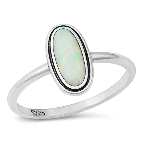Sterling Silver Oxidized Oval White Lab Opal Ring