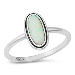 Sterling Silver Oxidized Oval White Lab Opal Ring