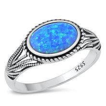 Load image into Gallery viewer, Sterling Silver Oxidized Simulated Blue Lab Opal Ring