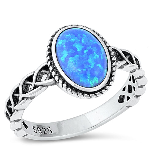 Sterling Silver Oxidized 12.4mm Oval Blue Lab Opal Ring