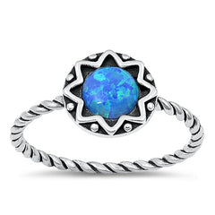 Sterling Silver Oxidized Round Star Blue Lab Opal Ring