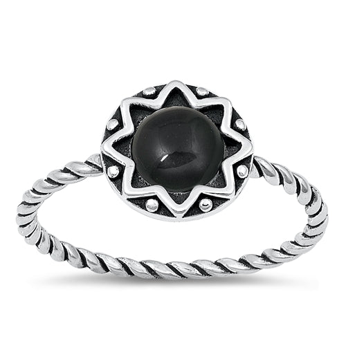 Sterling Silver Oxidized Round Star Black Agate Ring