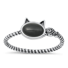 Load image into Gallery viewer, Sterling Silver Oxidized Cat and Fish Black Agate Ring