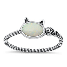 Load image into Gallery viewer, Sterling Silver Oxidized Cat and Fish White Lab Opal Ring