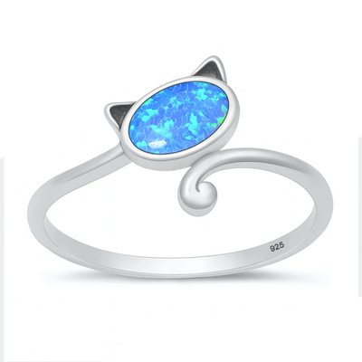 Sterling Silver Oxidized And High Polish Cat Blue Lab Opal Ring