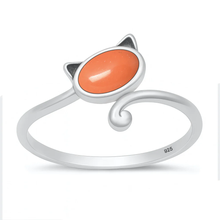 Load image into Gallery viewer, Sterling Silver Oxidized Cat Red Coral Stone Ring