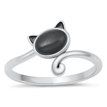 Load image into Gallery viewer, Sterling Silver Oxidized Cat Black Agate Ring