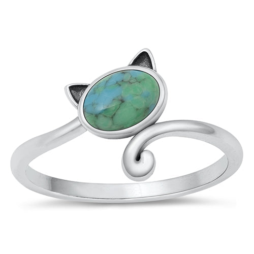 Sterling Silver Oxidized Cat Genuine Turquoise Ring