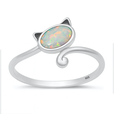 Sterling Silver Oxidized Cat White Lab Opal Ring
