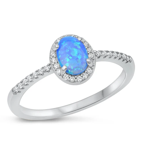 Sterling Silver Rhodium Plated Oval Blue Lab Opal And Clear CZ Ring
