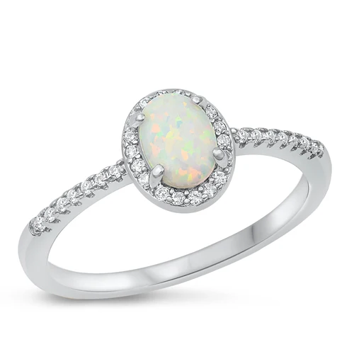 Sterling Silver Rhodium Plated Oval White Lab Opal And Clear CZ Ring