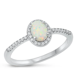 Sterling Silver Rhodium Plated Oval White Lab Opal And Clear CZ Ring