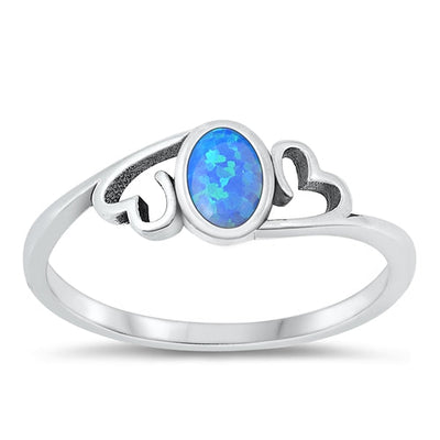 Sterling Silver Oxidized Hearts And Oval Blue Lab Opal Ring