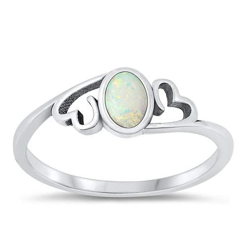 Sterling Silver Oxidized Hearts And Oval White Lab Opal Ring
