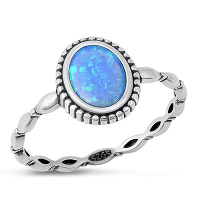 Sterling Silver Oxidized Spiral Oval Blue Lab Opal Ring