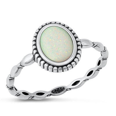 Sterling Silver Oxidized Spiral Oval White Lab Opal Ring