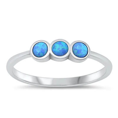Sterling Silver Oxidized Three Rounds Blue Lab Opal Ring