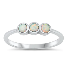 Load image into Gallery viewer, Sterling Silver Oxidized Three Rounds White Lab Opal Ring