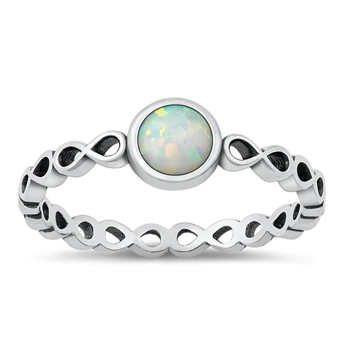 Sterling Silver Oxidized Infinity And Round White Lab Opal Ring