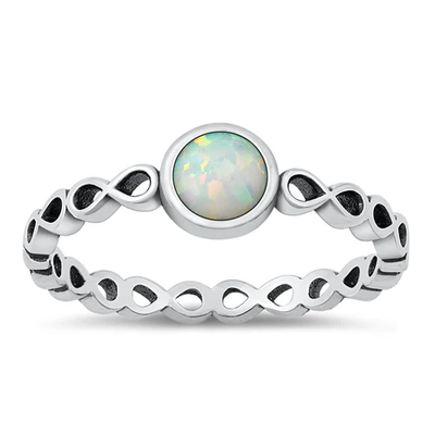 Sterling Silver Oxidized Infinity And Round White Lab Opal Ring