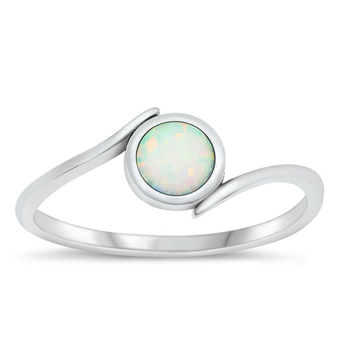 Sterling Silver Oxidized Curve Round White Lab Opal Ring