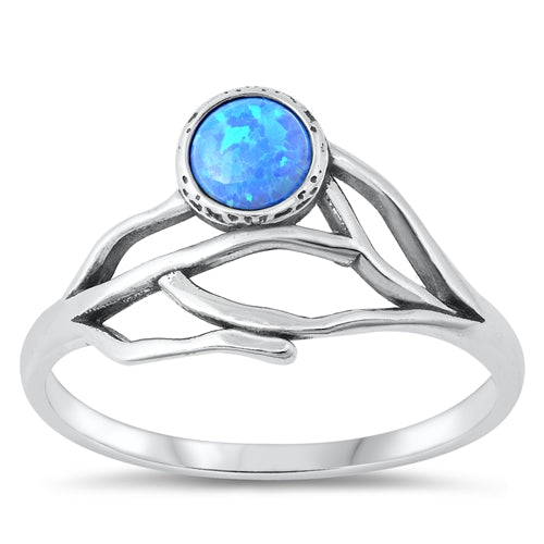 Sterling Silver Oxidized Olive Tree And Branch Blue Lab Opal Ring