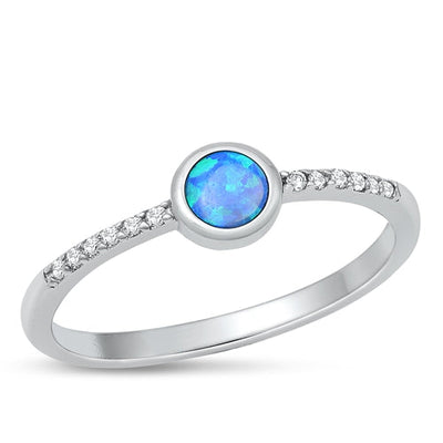 Sterling Silver Rhodium Plated Round Blue Lab Opal And Clear CZ Ring