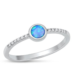 Sterling Silver Rhodium Plated Round Blue Lab Opal And Clear CZ Ring