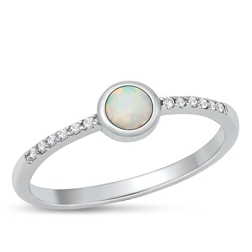 Sterling Silver Rhodium Plated Round White Lab Opal And Clear CZ Ring