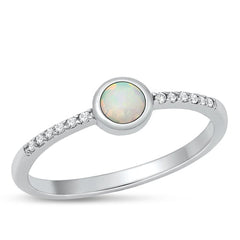 Sterling Silver Rhodium Plated Round White Lab Opal And Clear CZ Ring