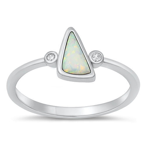 Sterling Silver Rhodium Plated Triangle White Lab Opal And Clear CZ Ring