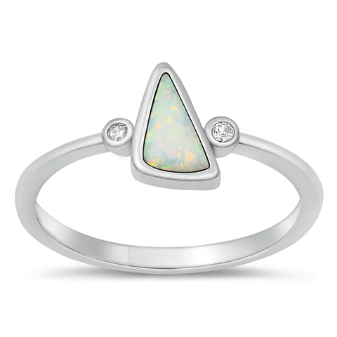 Sterling Silver Rhodium Plated Triangle White Lab Opal And Clear CZ Ring