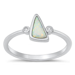 Sterling Silver Rhodium Plated Triangle White Lab Opal And Clear CZ Ring